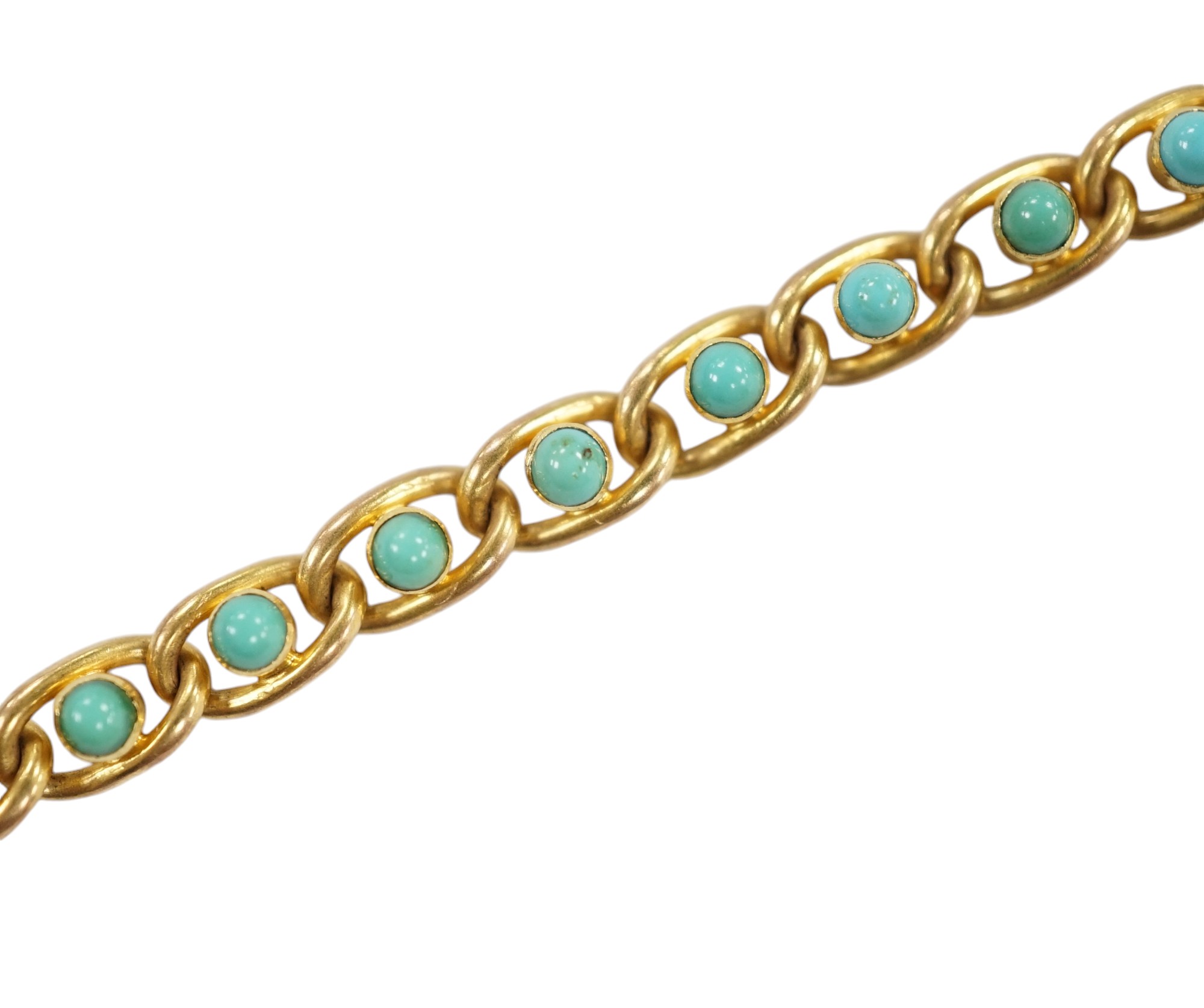 An Edwardian 15ct and turquoise set small curb and oval link bracelet, 17.5cm, stone missing, gross weight 8.1 grams. Condition - poor